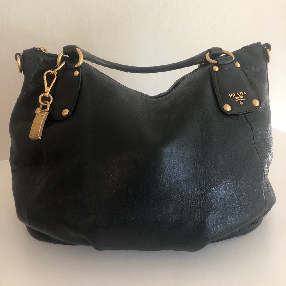 prada large black leather hobo shoulder bag
